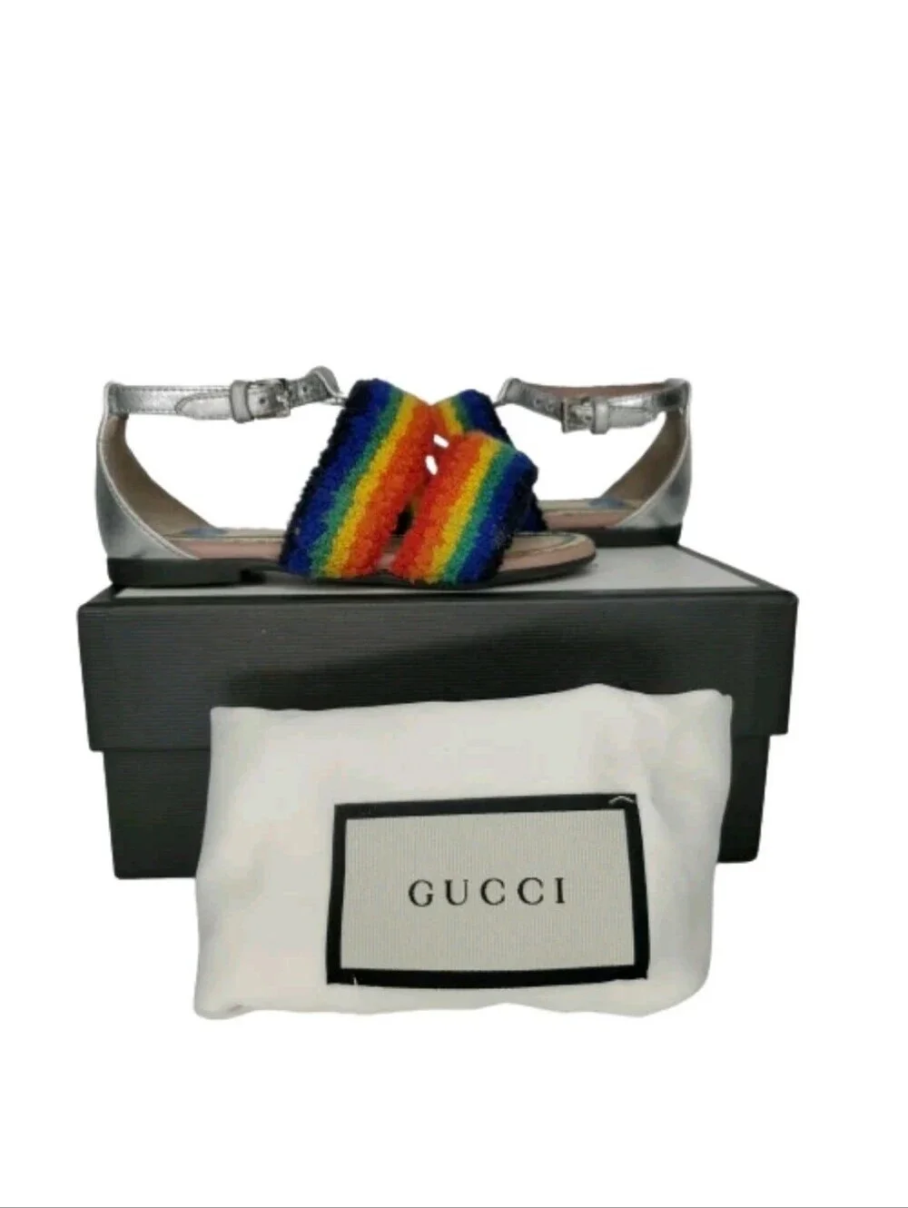 Gucci Kids Rainbow Terrycloth & Metallic Silver Leather Sandals